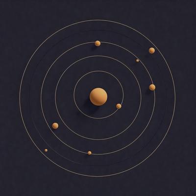 The primary subject of the image is a celestial scene featuring a solar system model with a central sun and several planets. The setting is a black background, which provides a contrasting and dramatic effect. The visual style is a combination of digital art and illustration, creating a detailed and realistic representation of the solar system. The colors and mood of the image are predominantly dark and moody, with the planets and sun being the main focus.